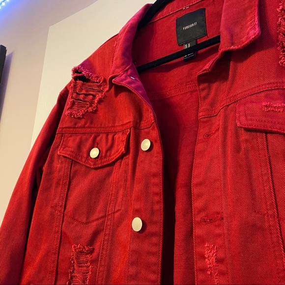 💕 • Red Denim Ripped Jacket - Picture 2 of 3